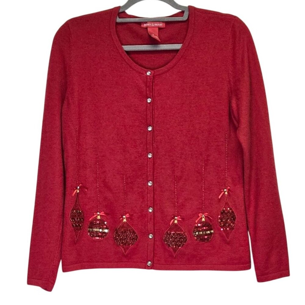 Merry & Bright Angora Wool Red Holiday Christmas Sequin Sparkle Cardigan Sweater